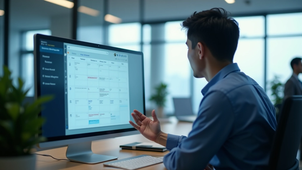 Professional analyzing calendar workflows on computer monitor in contemporary office space