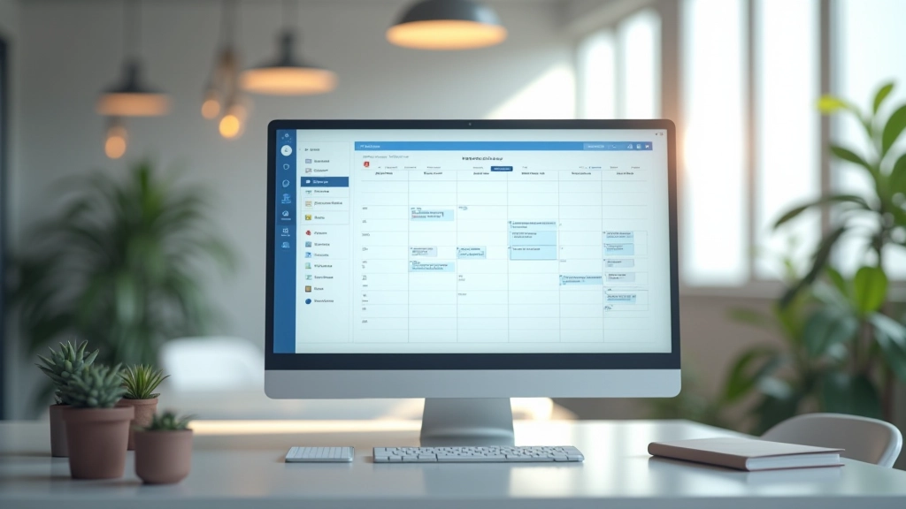 Desktop computer screen showing calendar application with color-coded meetings and automated reminder notifications displayed