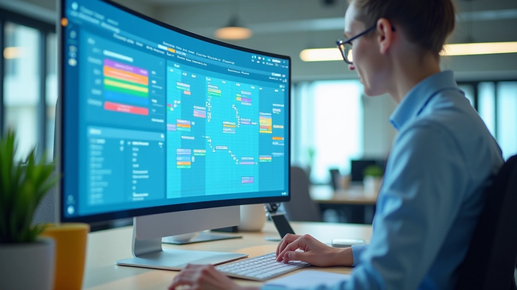 Computer monitor displaying workflow automation diagram with calendar blocks and process arrows