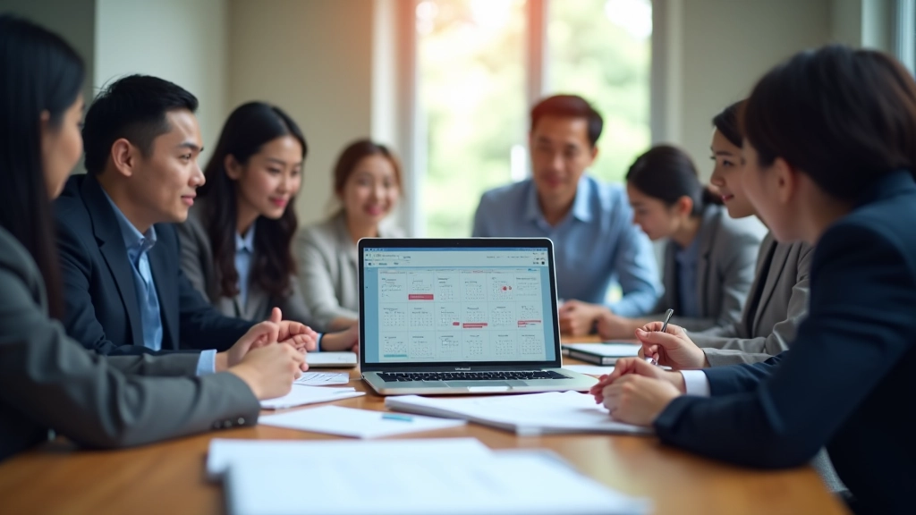 Team members collaborating around a table with digital calendar displayed on a laptop screen, focused work environment